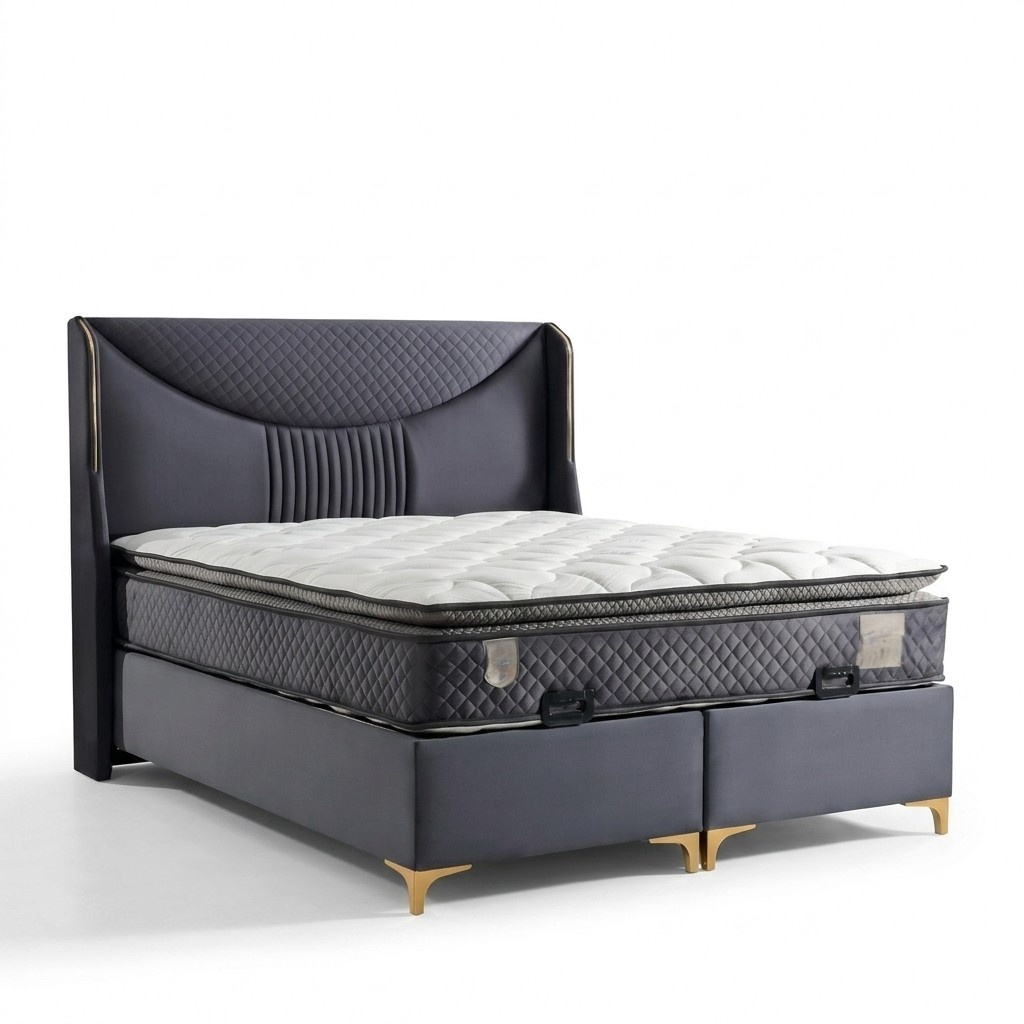 Blaues Bett mit Matratze aus Textil und Holz
