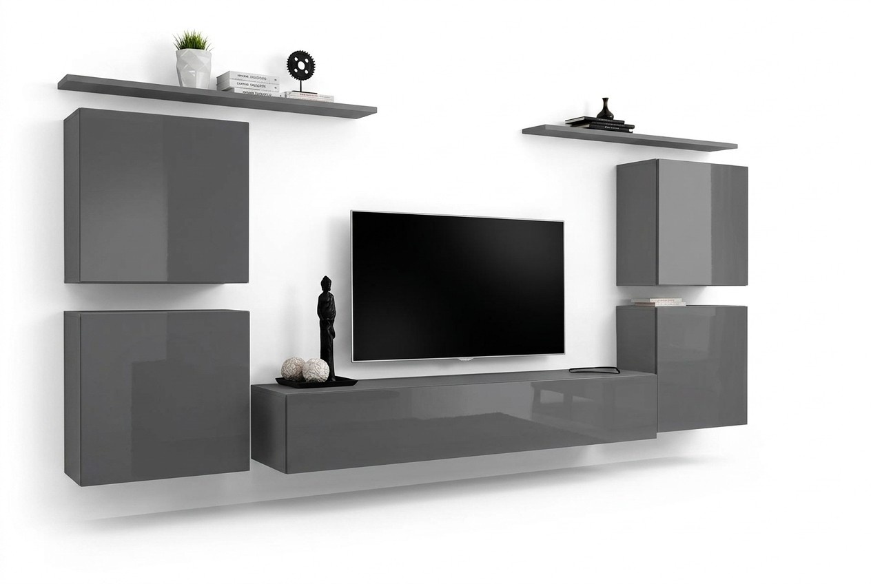 Grau Wand Wohnwand Wohnzimmer Möbel luxus TV Ständer Wandregal Schrank Regal Neu