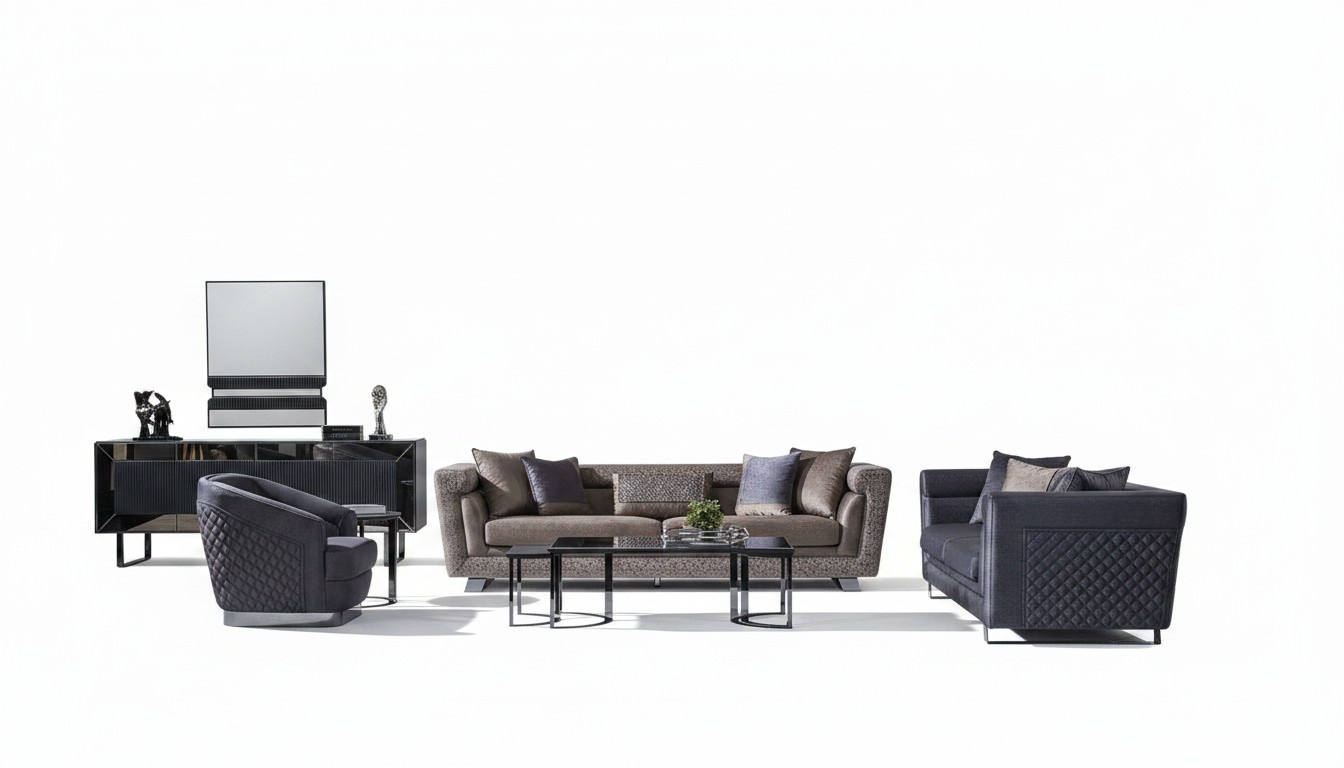 Grau Wohnzimmer Set aus Holz und Textil modern und stilvoll