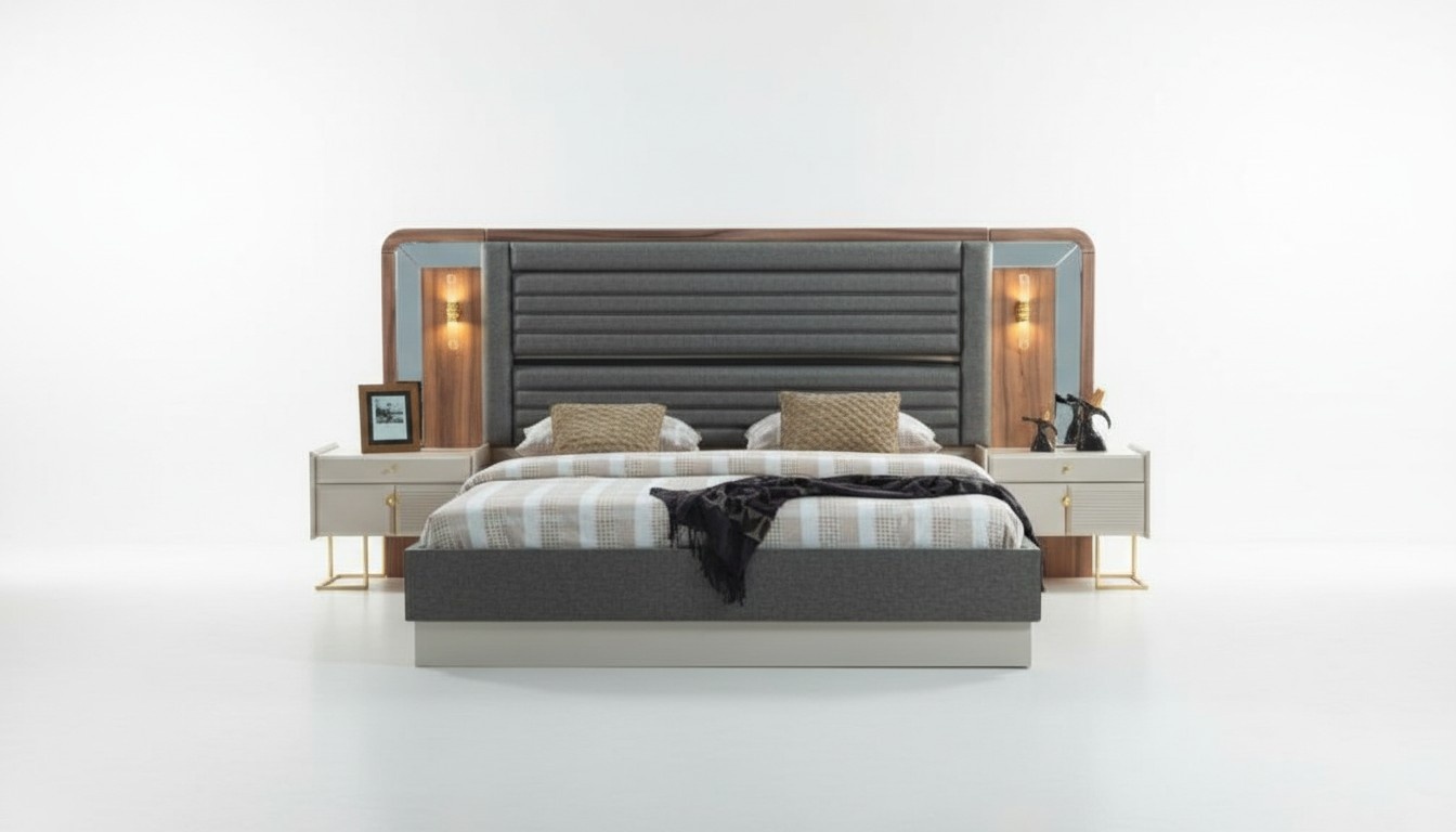 Graue Betten Designer Schlafzimmer Doppelbett 2x Holz Nachttische 3tlg