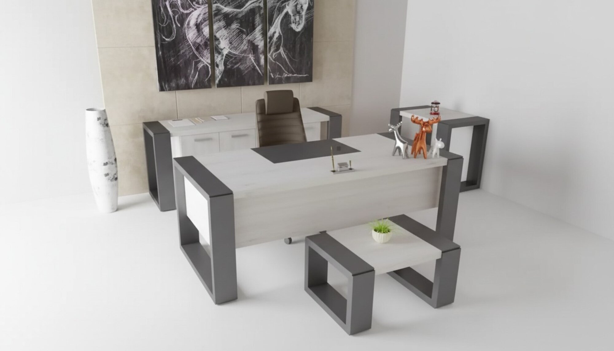 Graue BÃ¼ro Einrichtung Schreibtisch Aktenschrank Kommode Couchtisch 3tlg. Set