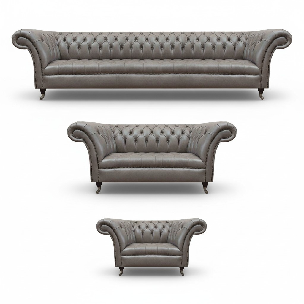 Graue Chesterfield Ledergarnitur Designer Polstercouchen Lehnsessel 3tlg