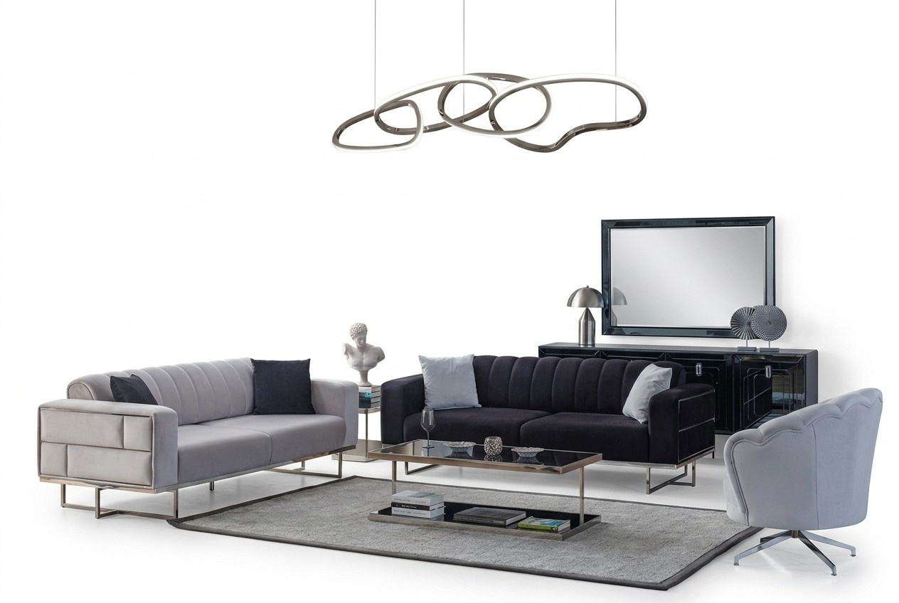 Graue Wohnzimmer Couchen Designer Polster Dreisitzer Textil Sessel 3tlg