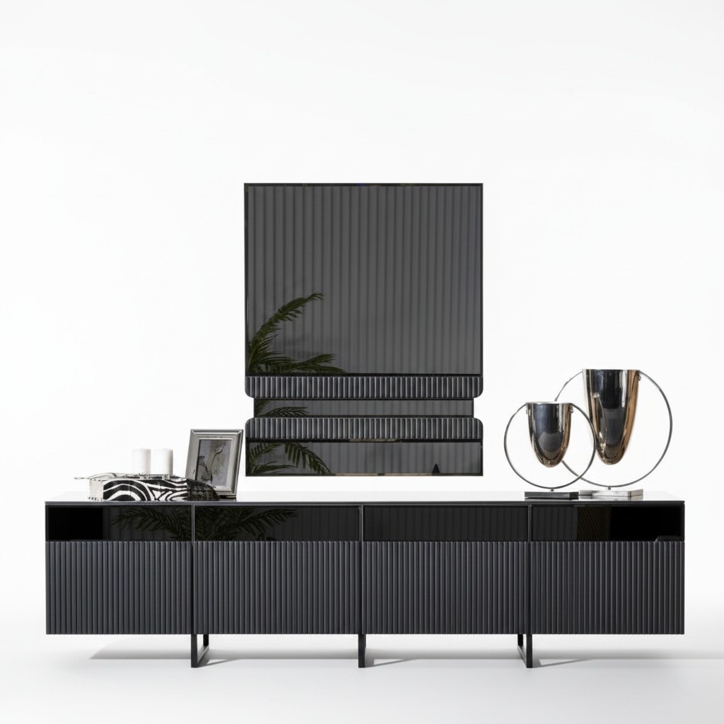 Grauer Holz- und Glasspiegel modern, eleganter Wandspiegel