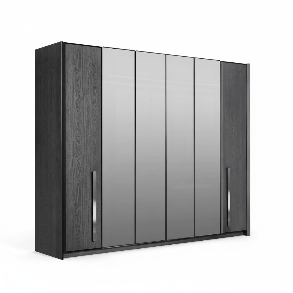 Grauer moderner Kleiderschrank aus Holz mit Glas