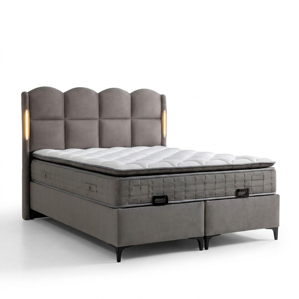 Graues Bett mit Matratze aus Textil und Holz, modernes Design