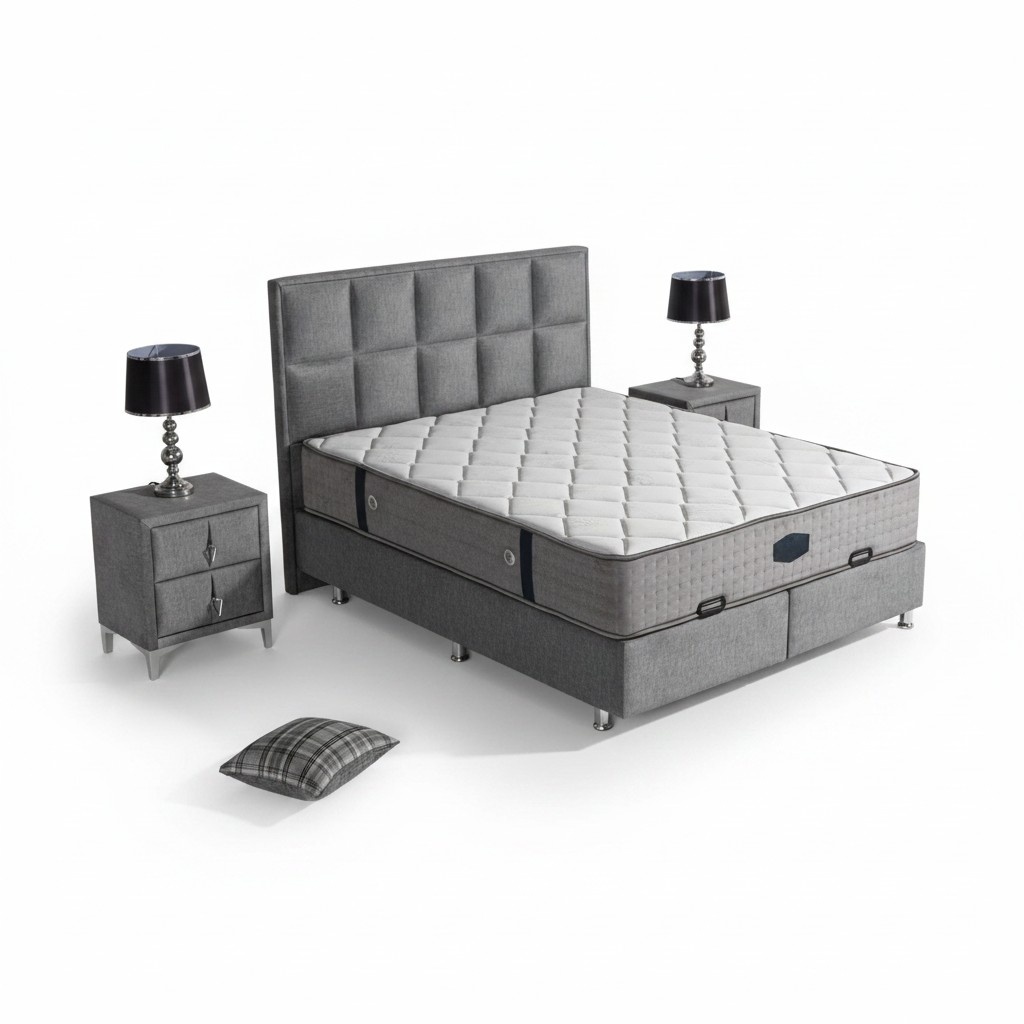 Graues Bett mit Matratze aus Textil und Edelstahl, modernes Design