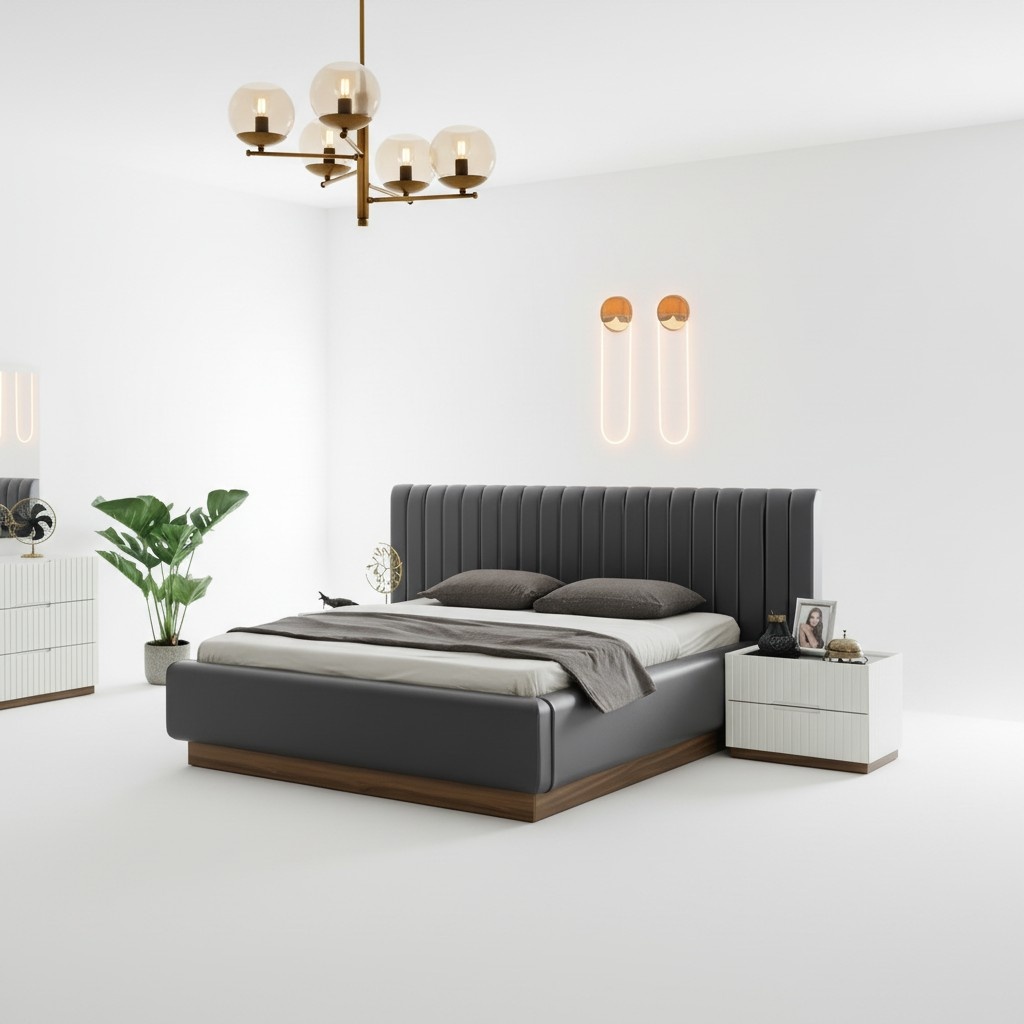 Graues Doppelbett LuxuriÃ¶se PolstermÃ¶bel Edle Schlafzimmer Holz Betten