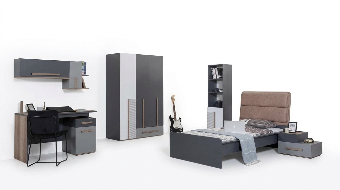 Graues Jugendzimmer Kleiderschrank BÃ¼cherregal Kinderzimmer Bett 5tlg