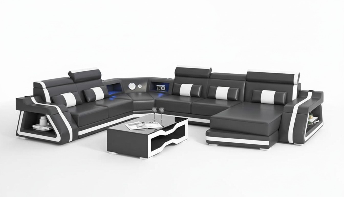 GroÃ Ecksofa Wohnlandschaft XXL Sofa U Form Ledersofa Schwarz Sofas
