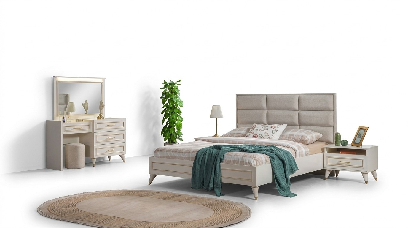 GroÃes Schlafzimmer Set Doppelbett Schminkttisch Hocker Spiegel 6tlg