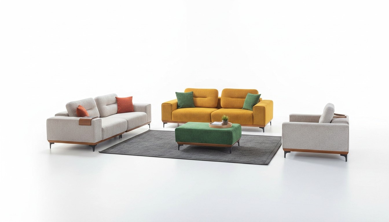 GroÃes Wohnzimmer Set 3 Textil Sofas Polsterhocker 3x Beistelltische