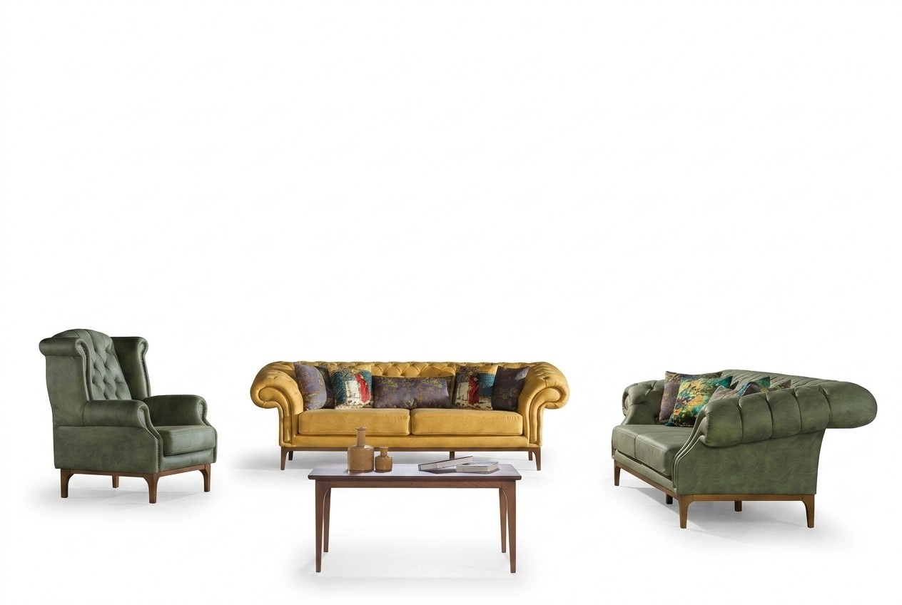 GrÃ¼n-Gelbe Polstergarnitur Designer Dreisitzer Luxus Sessel 3+3+1 Set
