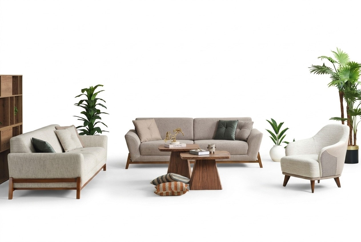 Gruppe Couch Dreisitzer Sessel Sofa Stoff Beige Stoffsofa Set 3tlg 3+3+1