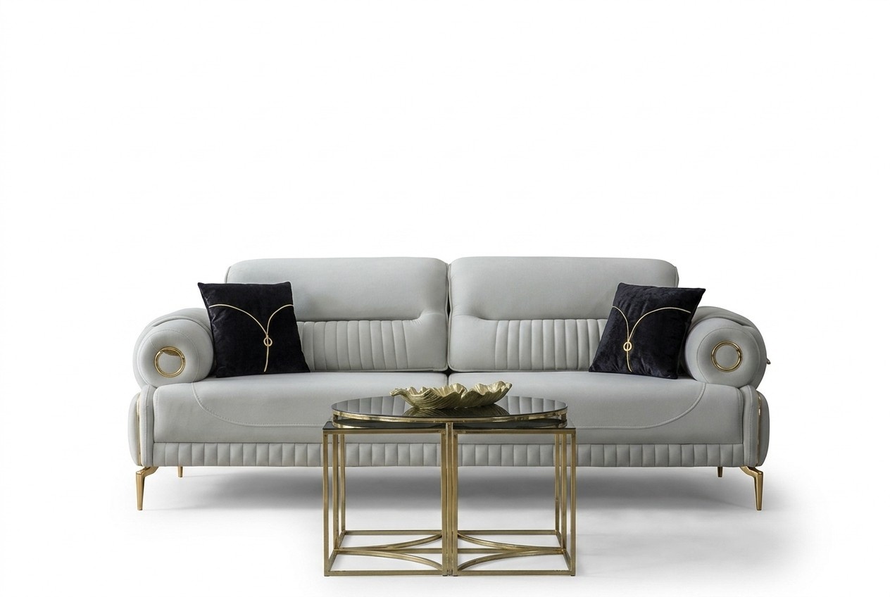 Gruppe Sofas Dreisitzer Sessel Couch Polstersofa Stoffsofa Blau 2tlg