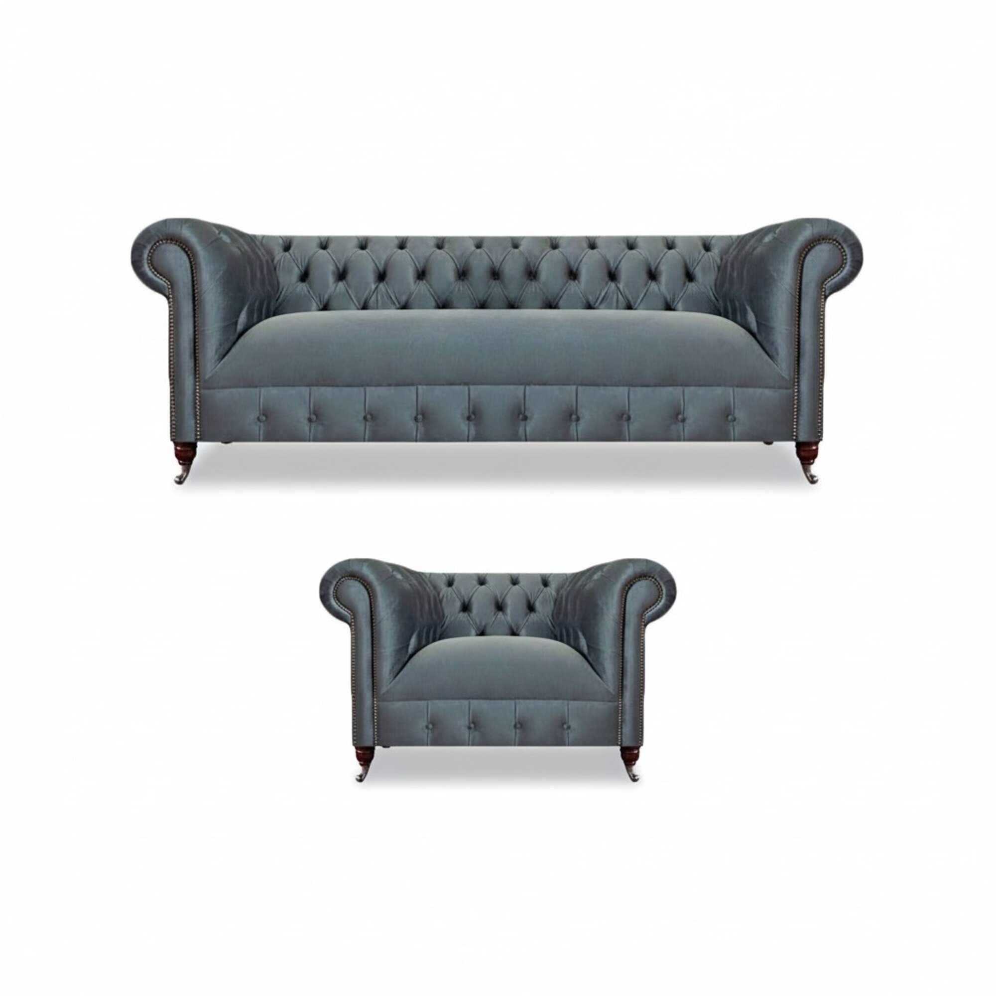 Hellgraue Polster Chesterfield Garnitur Wohnzimmer Dreisitzer Sessel