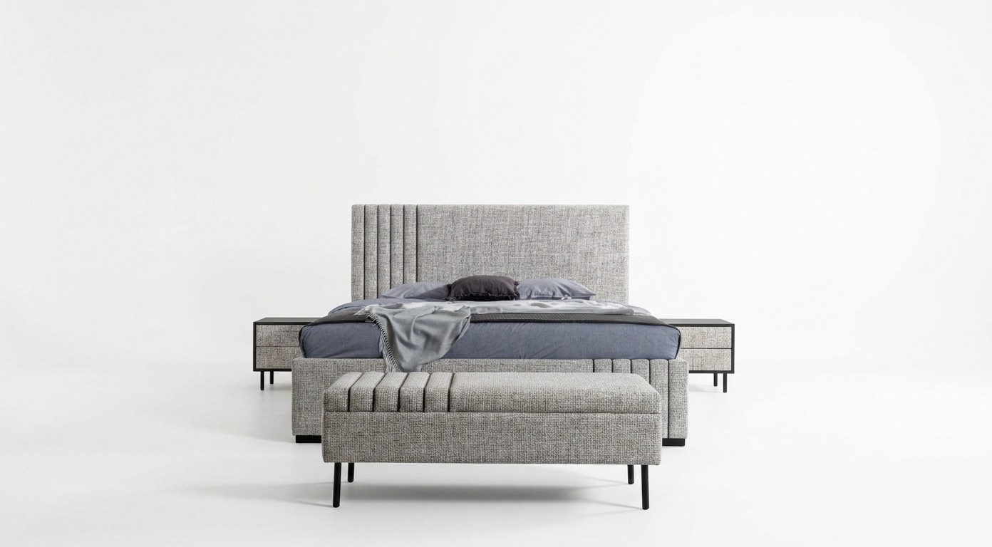 Hellgraue Schlafzimmer MÃ¶bel Designer Textilbett 2x Nachttische Bank