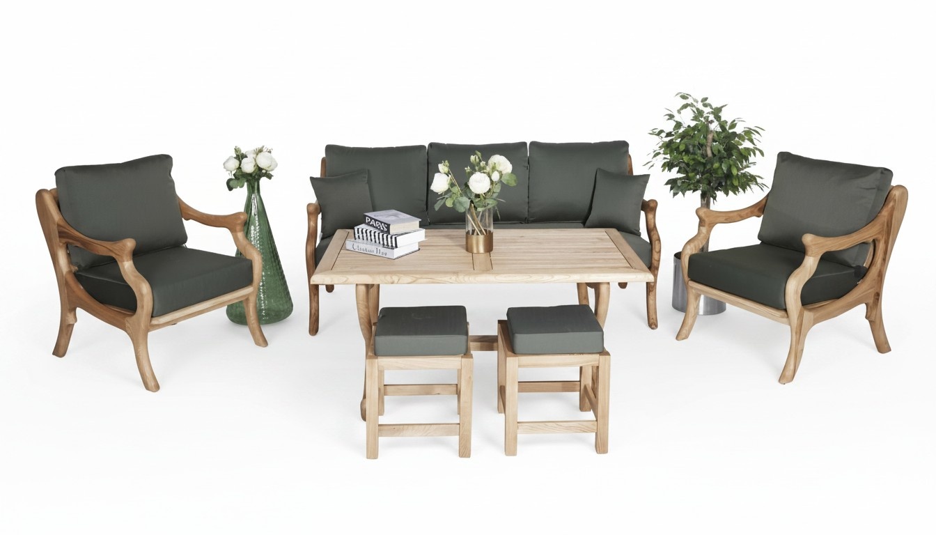 Holz GartenmÃ¶bel Grau Textil Sofagarnitur 3+1+1 Sitzer Esstisch Terrasse MÃ¶bel