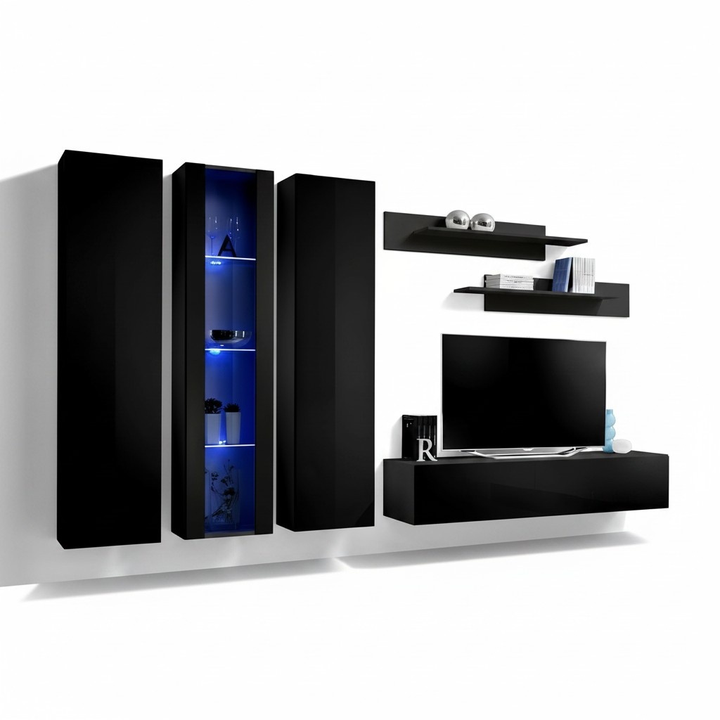HolzmÃ¶bel Wohnwand Wandschrank Schwarz TV-StÃ¤nder Garnitur HÃ¤nge Vitrine