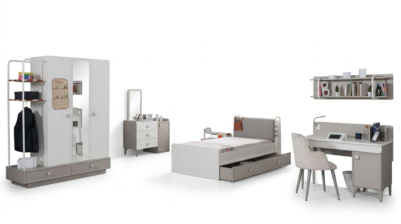 Jugendzimmer Bett Kommode Kleiderschrank Schreibtisch Holz MÃ¶bel Design 4tlg Set