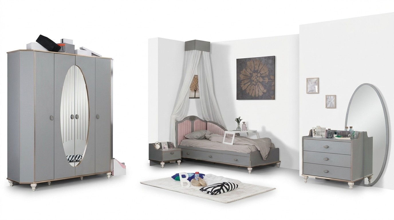 Jugendzimmer Set Bett Kleiderschrank Nachttisch Kommode mit Spiegel MÃ¶bel 4tlg
