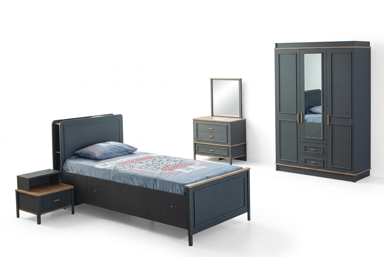 Kinderbett Kinderzimmer KindermÃ¶bel Garnitur Bett Grau Holz Set 5tlg