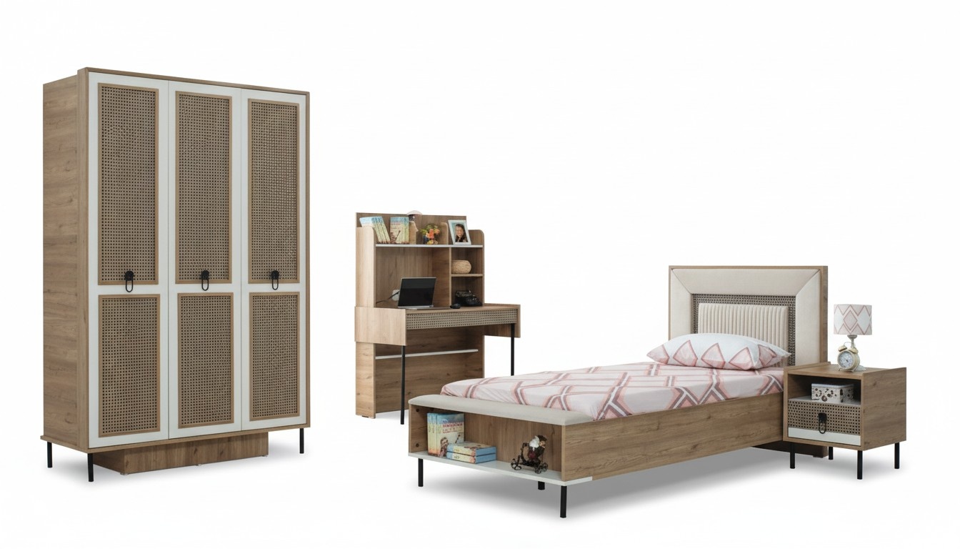 KindermÃ¶bel Garnitur Kinderzimmer Bett Kinderbett Braun Holz Set 4tlg