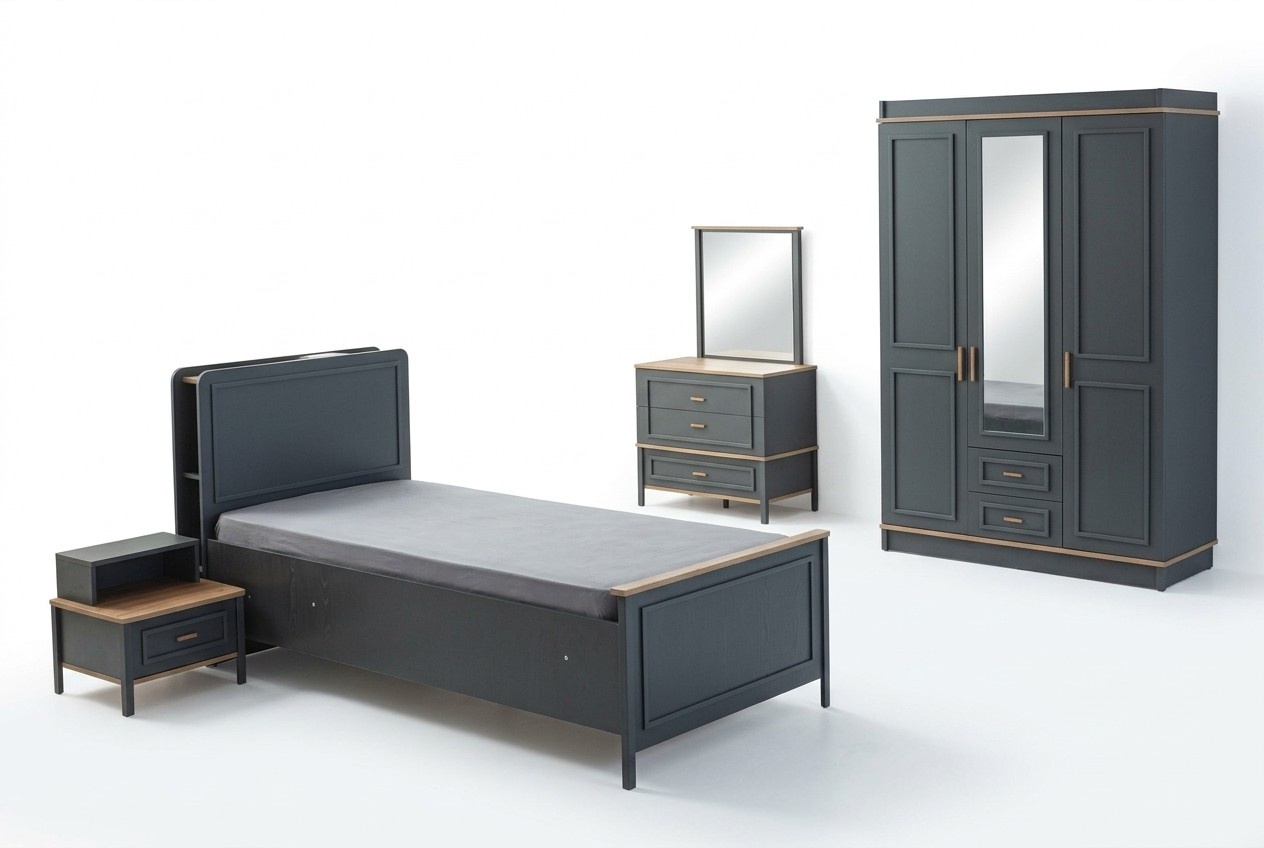 KindermÃ¶bel Garnitur Kinderzimmer Bett Kinderbett Grau Holz Set 5tlg