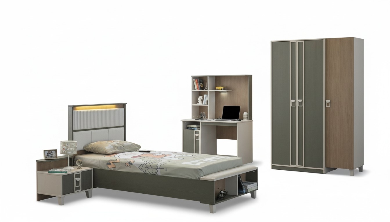 KindermÃ¶bel Garnitur Kinderzimmer Bett Kinderbett Grau Holz Set 4tlg