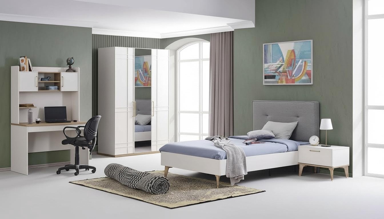 Kinderzimmer Garnitur Kinderbett Jugendbett Set 4tlg WeiÃ Holz