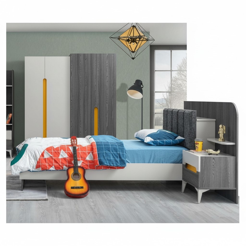 Kinderzimmer Kinderbett Bett Nachttisch Kleiderschrank Holz MÃ¶bel Grau Set