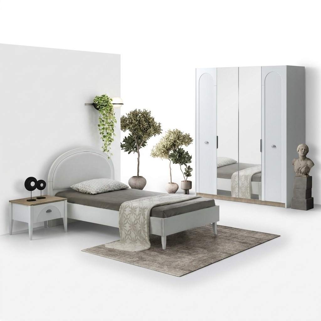 Kinderzimmer Set Modern Einzelbett Nachttisch Kleiderschrank Spiegel Design