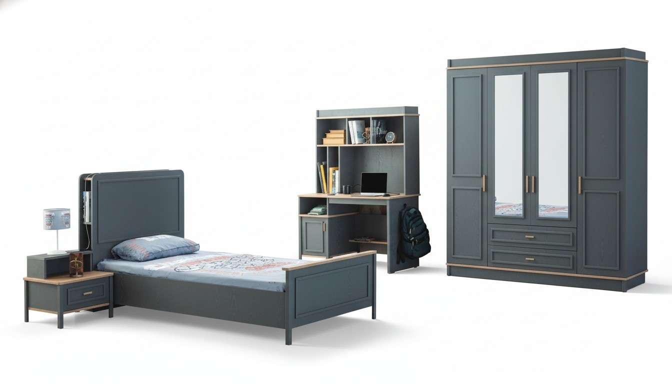KinderzimmermÃ¶bel Kinderzimmer Bett Kinderbett Grau Holz Set 4tlg