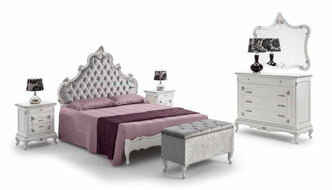 Klassische MÃ¶bel 6tlg Schlafzimmerset Bett 2x Nachttische Hocker Kommode Spiegel