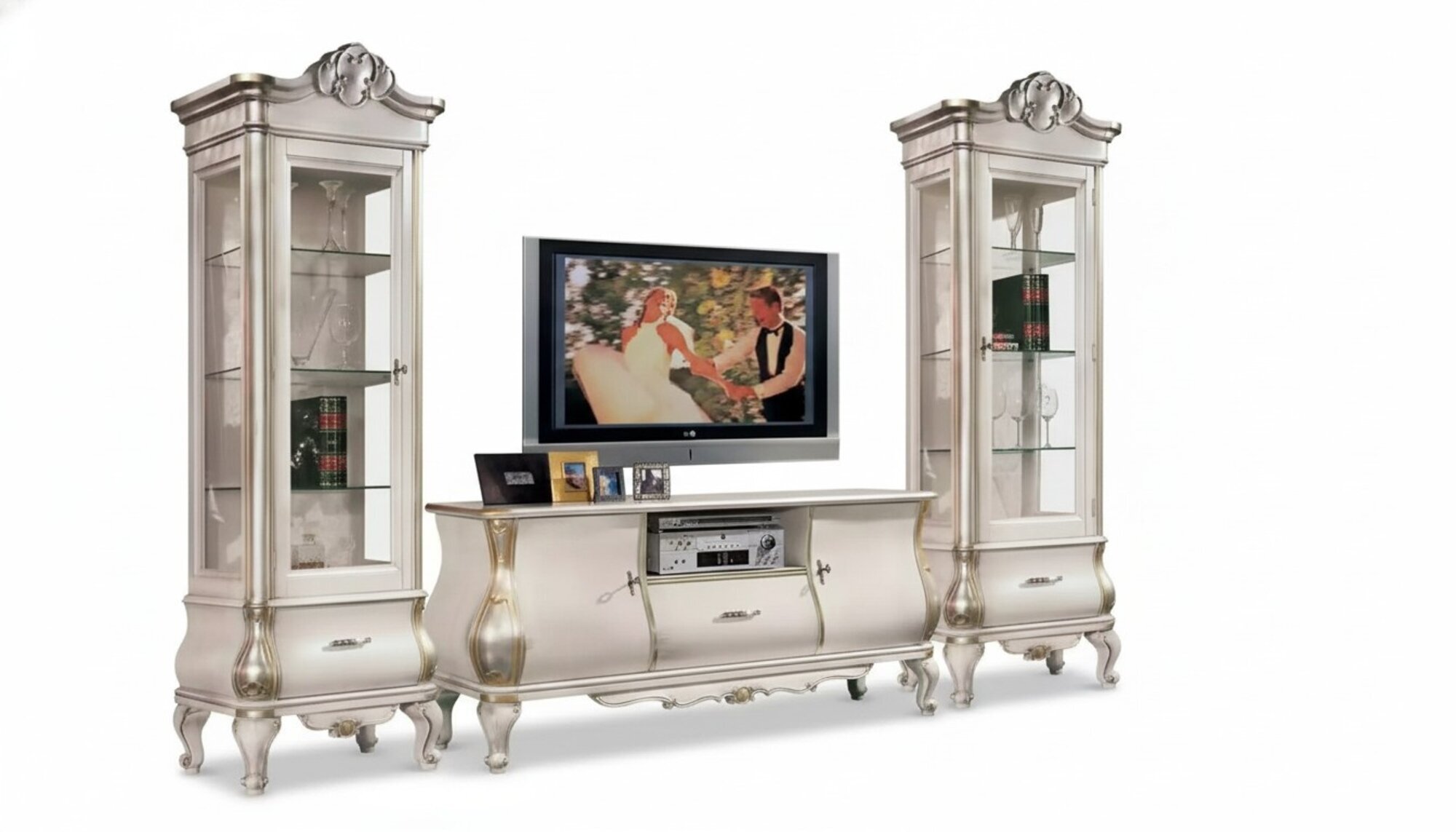 Klassische WeiÃe Wohnwand TV-StÃ¤nden 2x Vitrinen Elegantes Set 3tlg Schrank