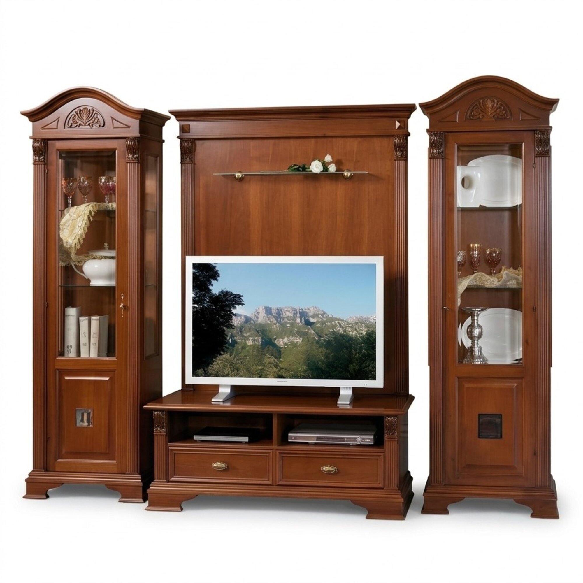 Klassische Wohn Wand Massivholz Wohnzimmer Vitrine Sideboard RTV Regal WÃ¤nde Schrank 4tlg.