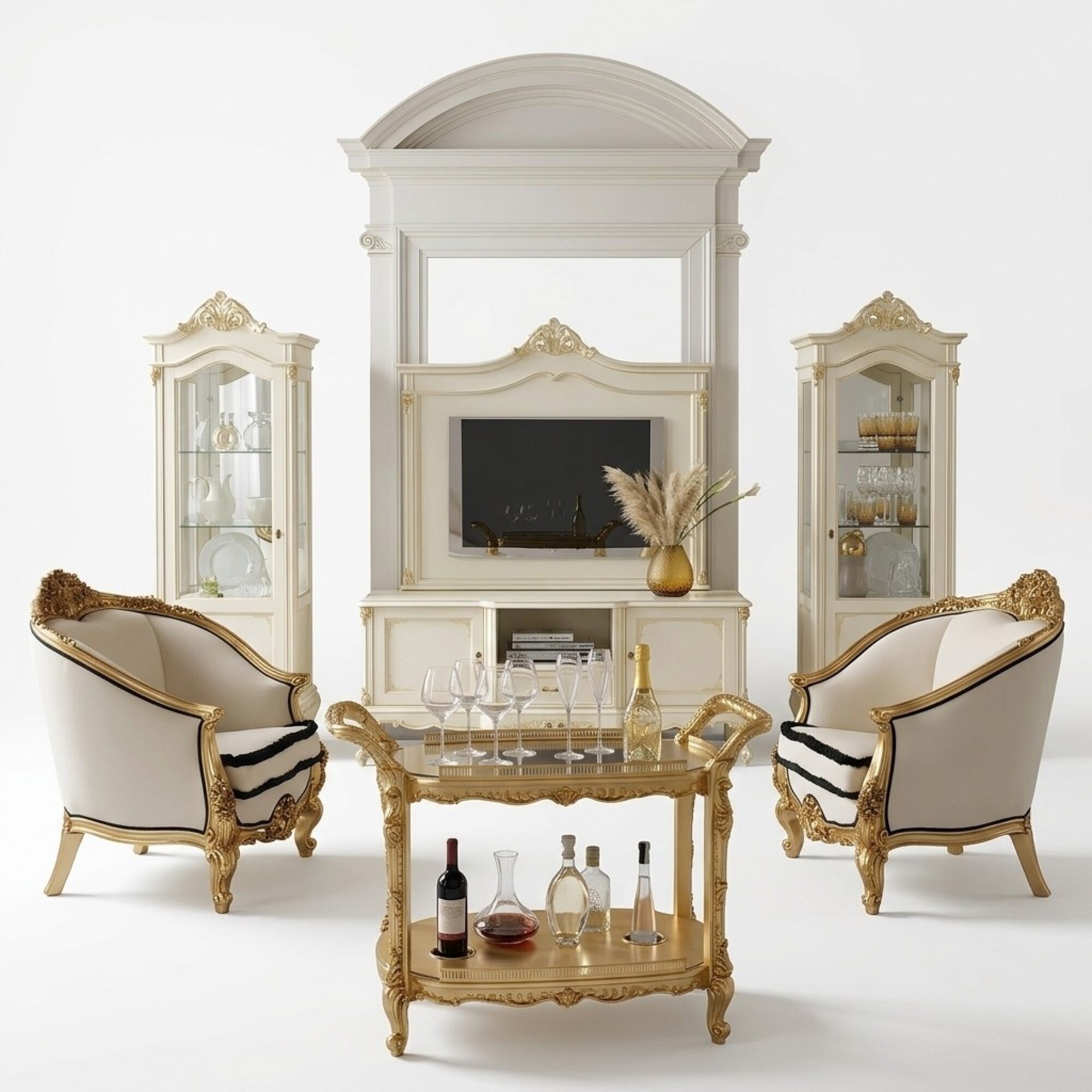 Klassische Wohn Wand Wohnzimmer Vitrine Sideboard RTV Regal WÃ¤nde Schrank 3tlg. Massivholz