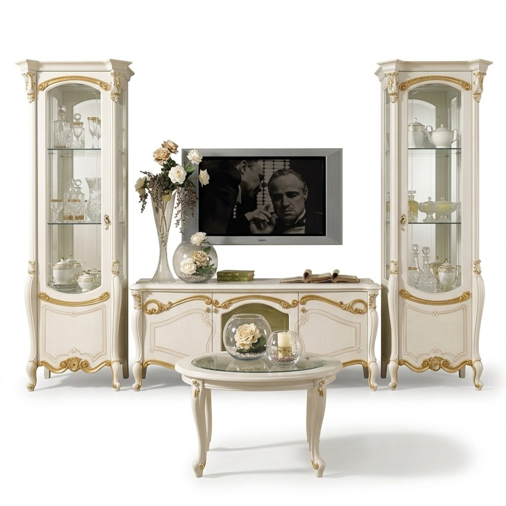 Klassische Wohn Wand Wohnzimmer Vitrine Sideboard RTV Regal WÃ¤nde Schrank 3tlg.