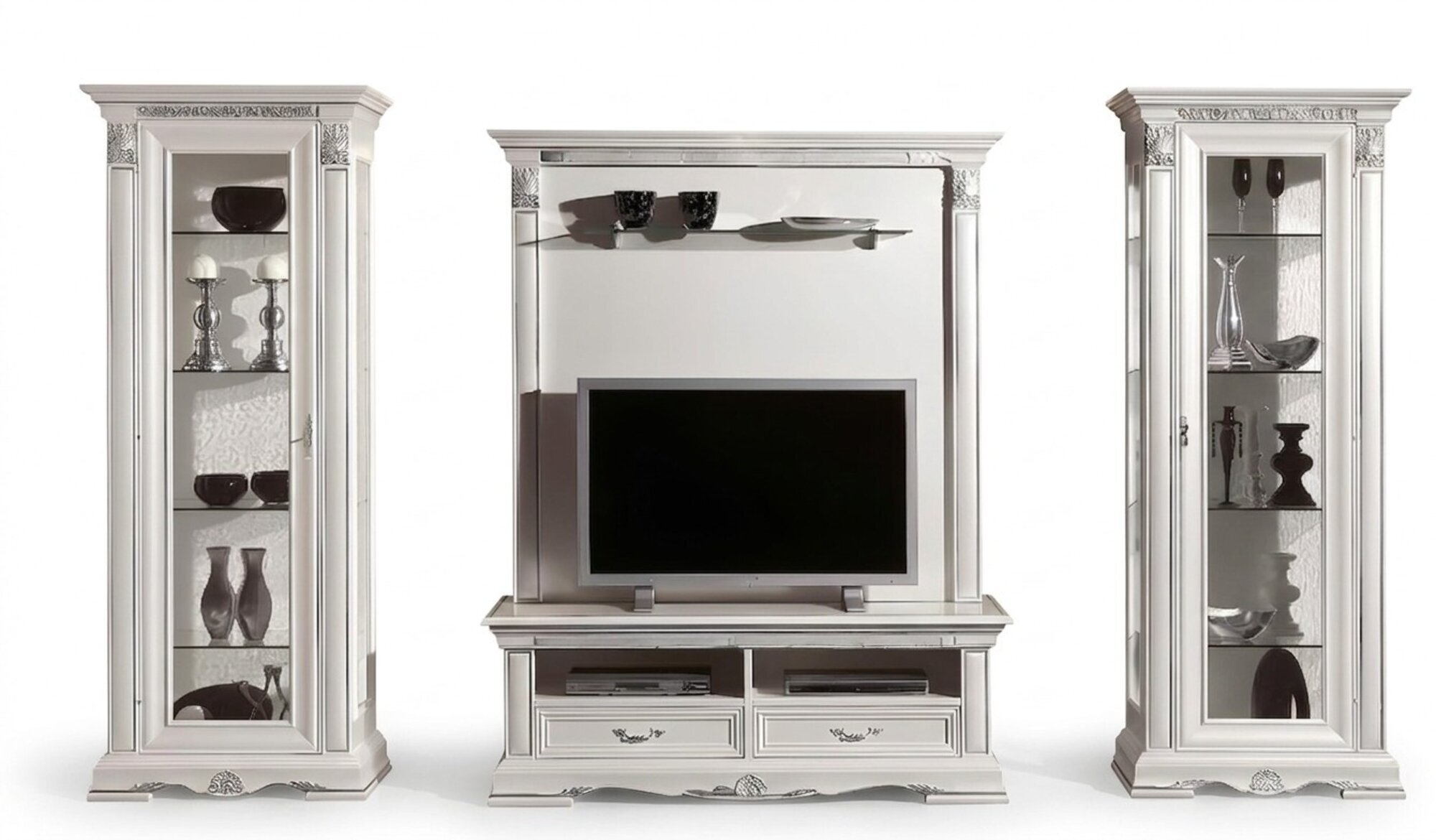 Klassische Wohn Wand Wohnzimmer Vitrine Sideboard RTV Regal WÃ¤nde Schrank 4tlg. Massivholz