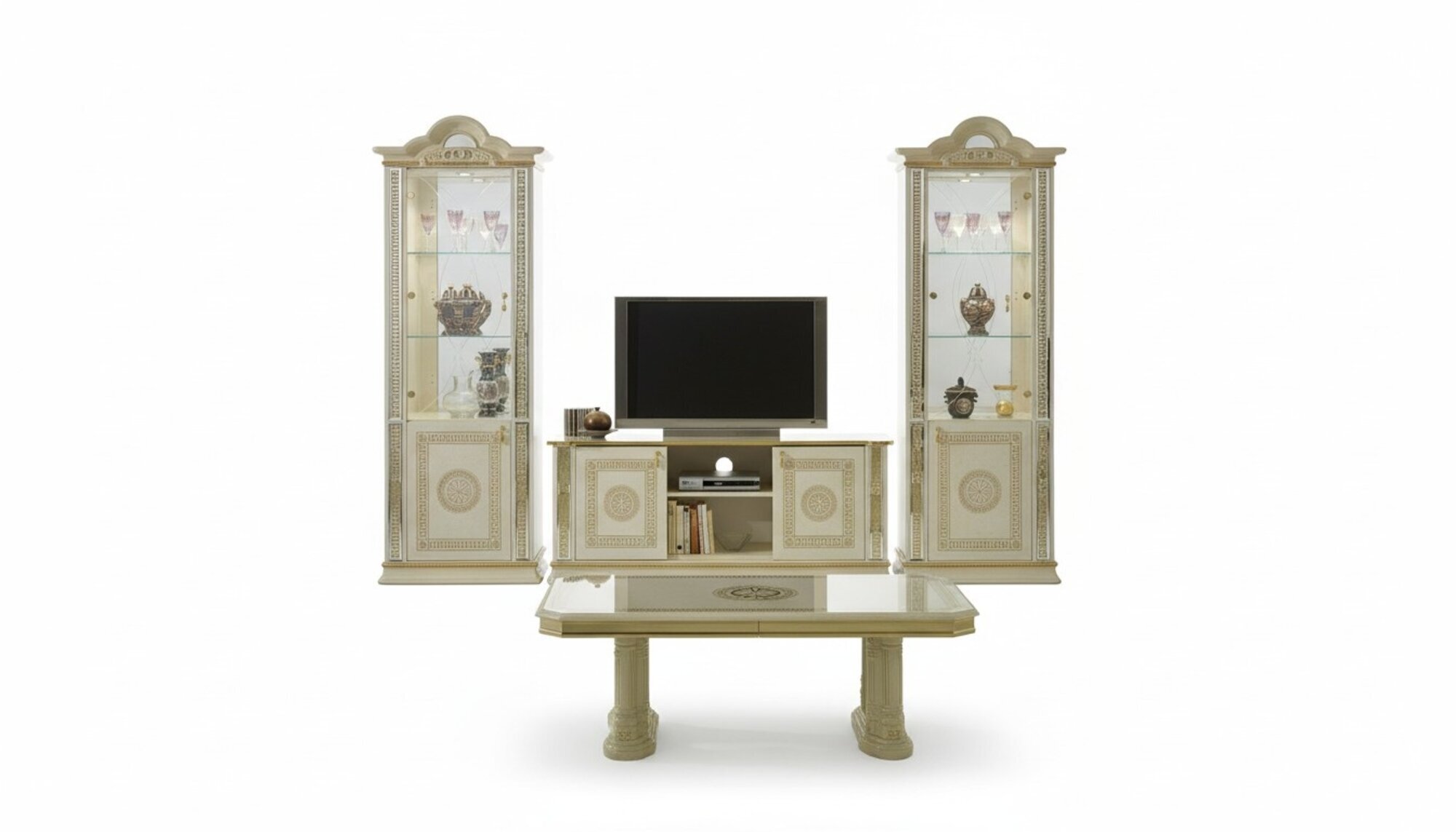 Klassische Wohwand Wohnzimmer Deko Schrank Sideboard 2x Vitrinen Sideboard