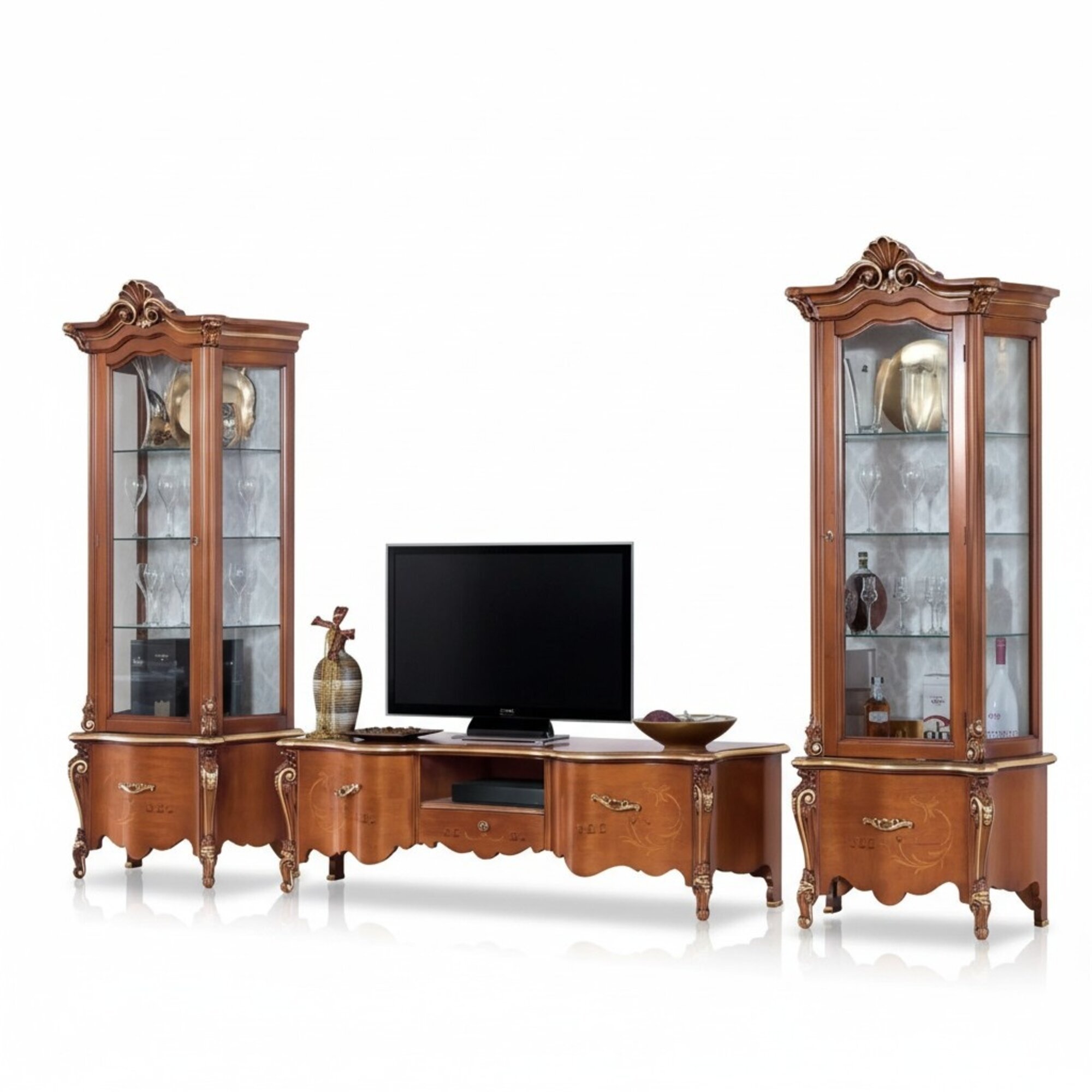 Klassischer TV-StÃ¤nder Luxus 2x Vitrine Wohnzimmer MÃ¶bel Wohnwand Holz