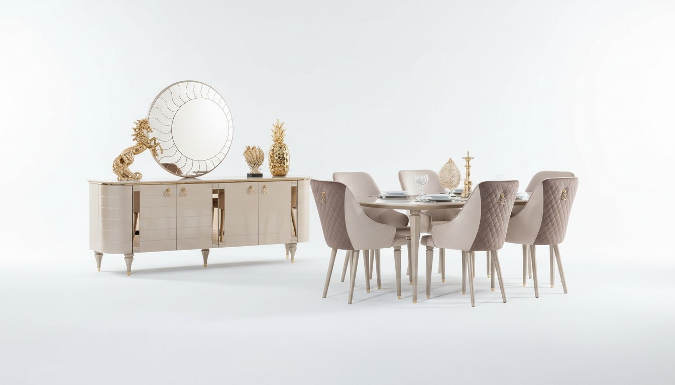 Komplett Esszimmer Kommoden Tisch 6x StÃ¼hle Kommode Spiegel Set Garnitur Neu