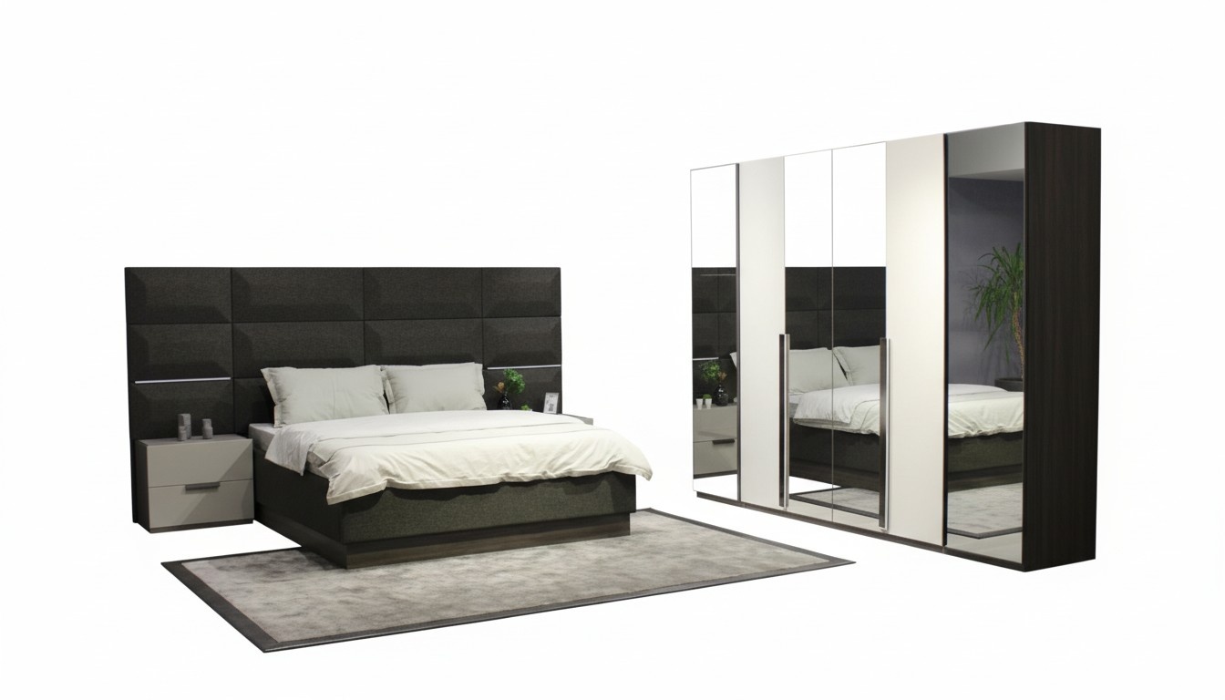 Komplett Schlafzimmer MÃ¶bel Set Bett 2x Nachttisch Schminktisch Spiegel 8tlg Neu
