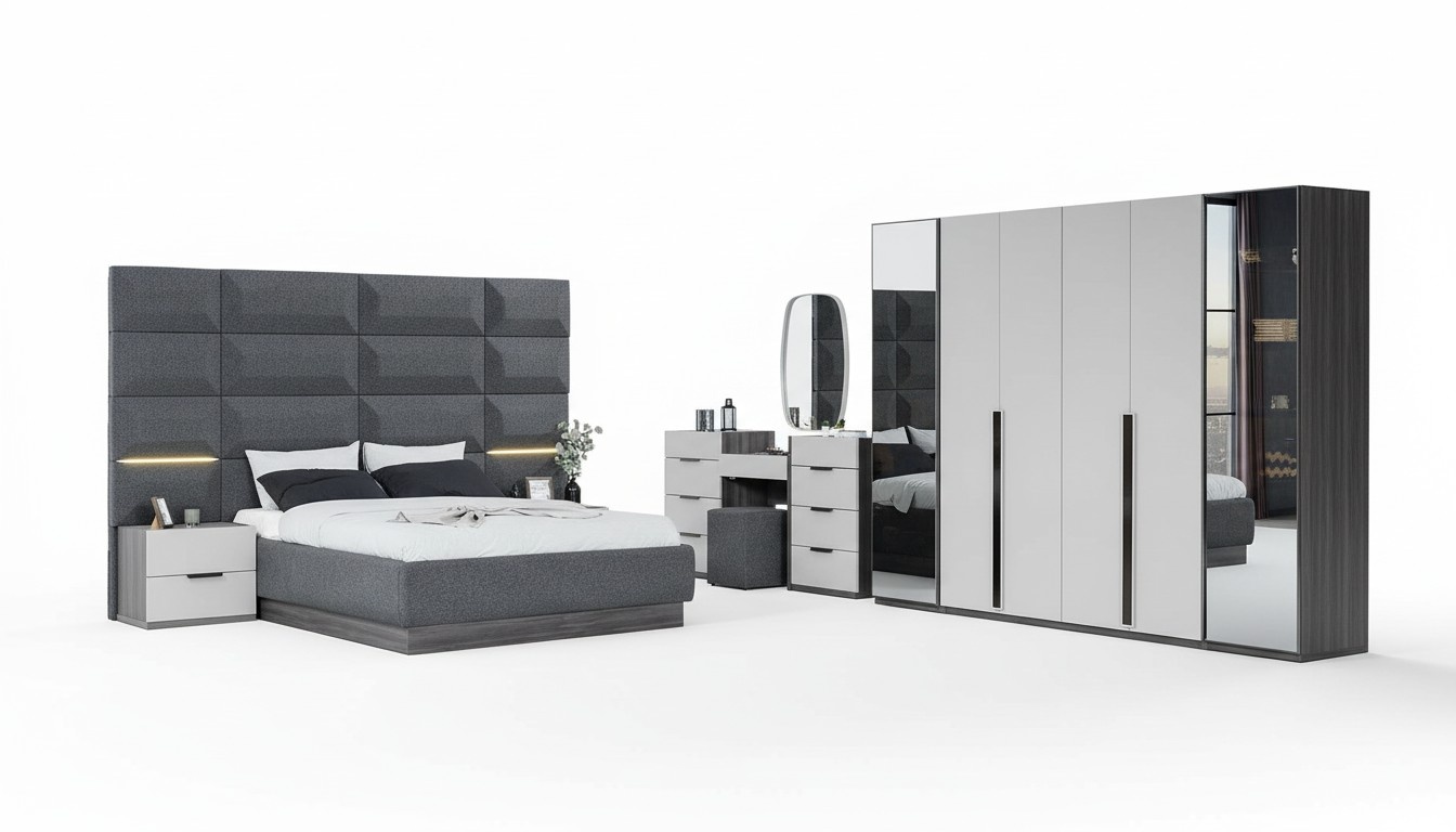 Komplett Schlafzimmer MÃ¶bel Set Bett 2x Nachttisch Schminktisch Spiegel 5tlg Neu