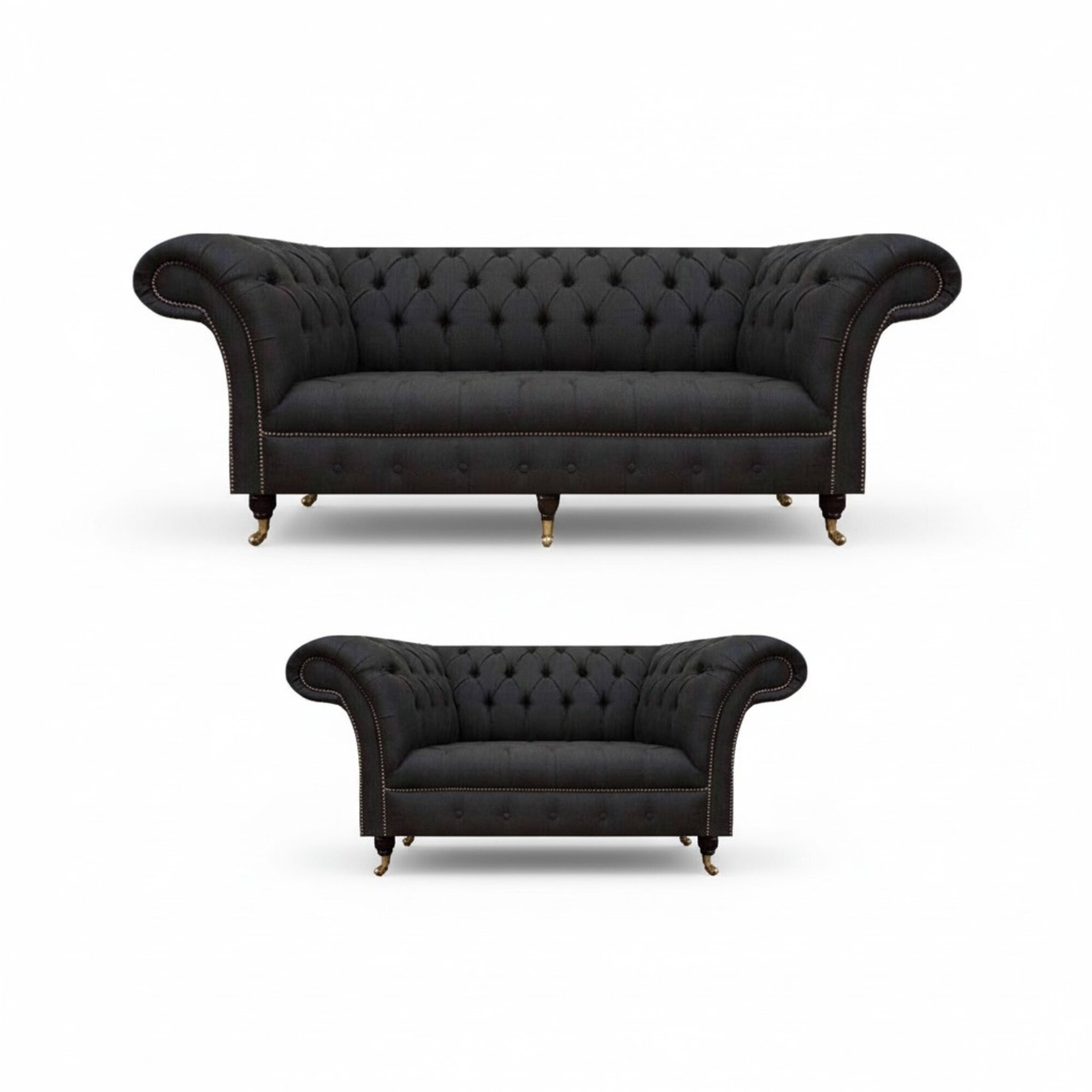 Komplett Schwarze Chesterfield Garnitur Designer Dreisitzer Moderner 2-er