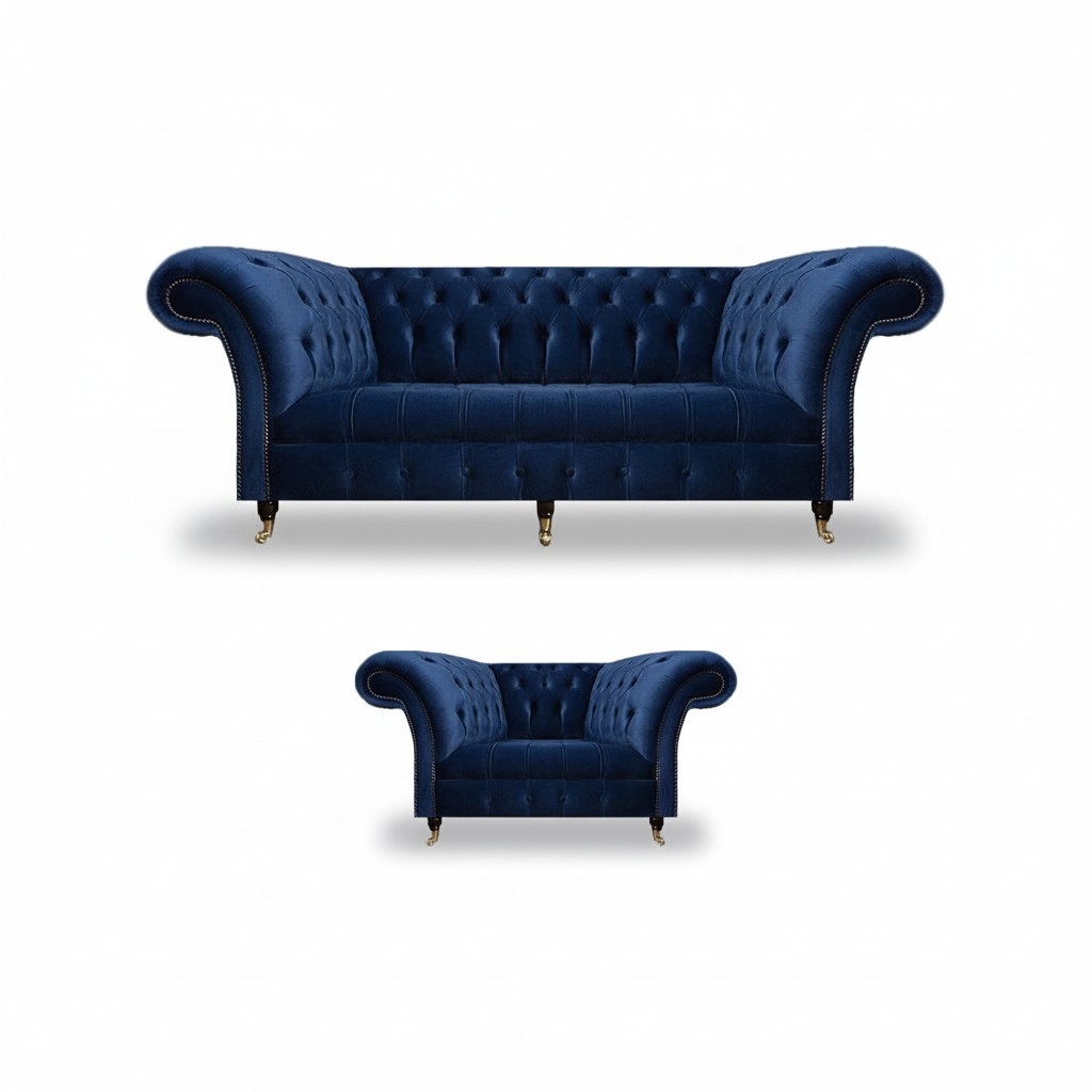 Komplett Set Sofa Dreisitzer Luxus Sessel Einrichtung Wohnzimmer Chesterfield