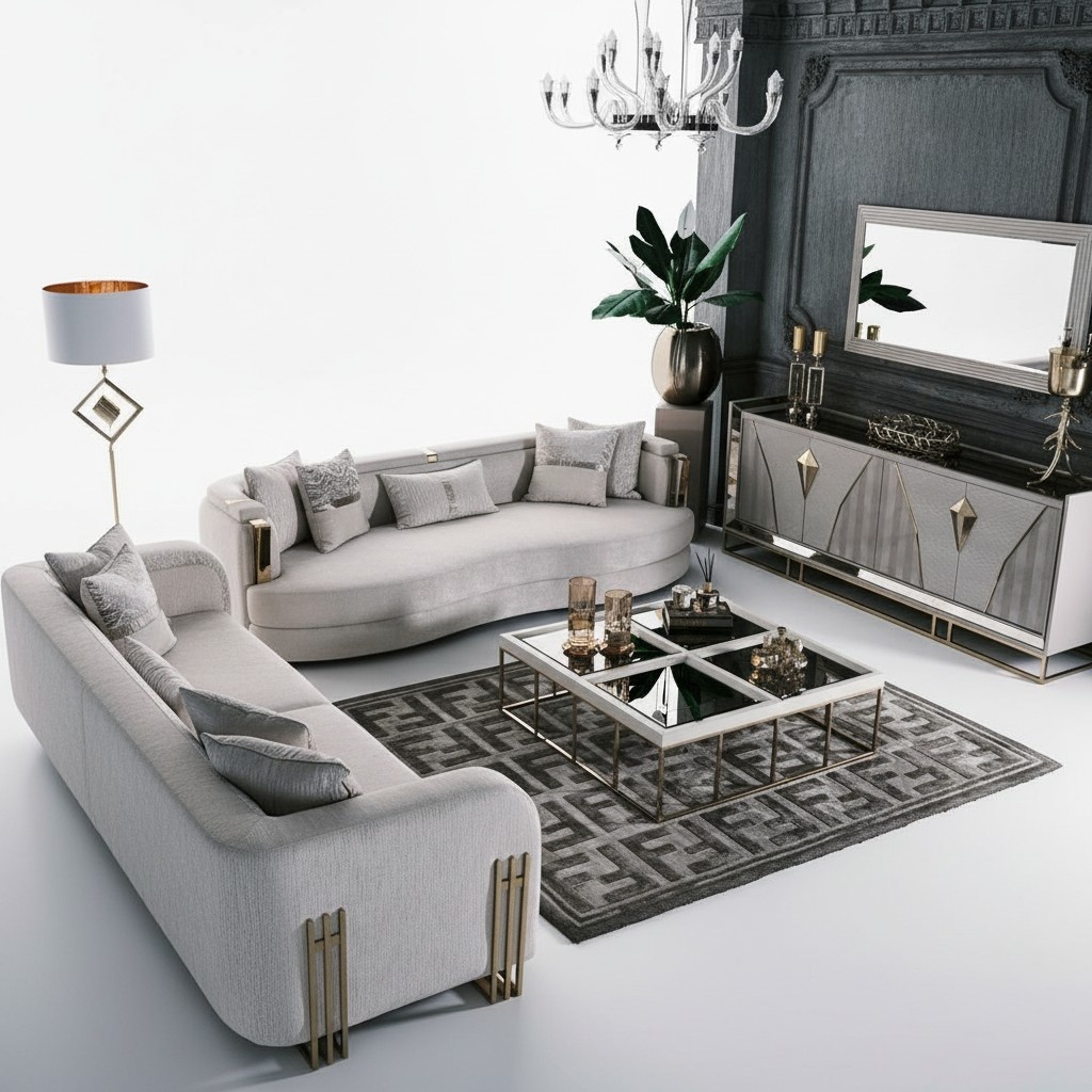 Komplette Couchgarnitur Dreisitzer Stoffsofa Set 8tlg Wohnzimmer GroÃ