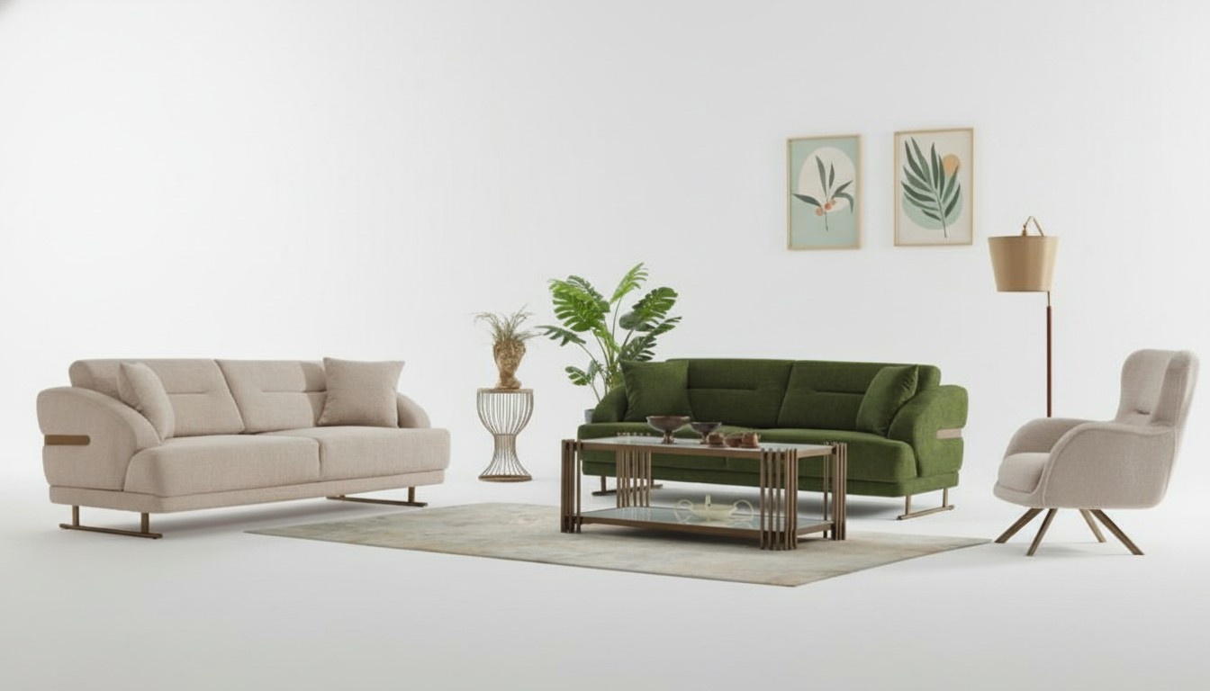 Komplette Couchgarnitur Polstersofa Dreisitzer Sessel GrÃ¼n Stoffsofa