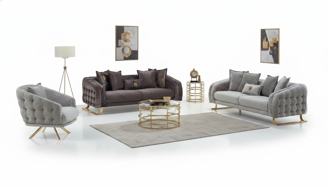 Komplette Couchgarnitur Polstersofa Dreisitzer Stoffsofa Sessel Grau 3tlg.