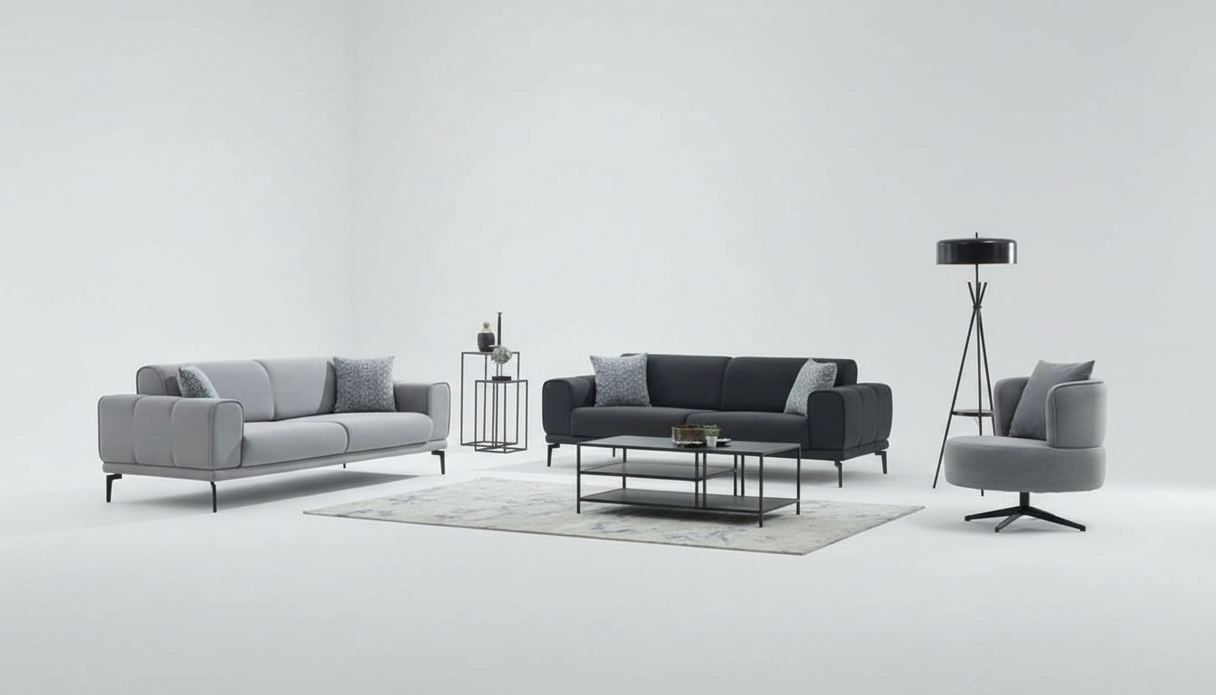 Komplette Couchgarnitur Polstersofa Dreisitzer Sessel Grau Stoffsofa